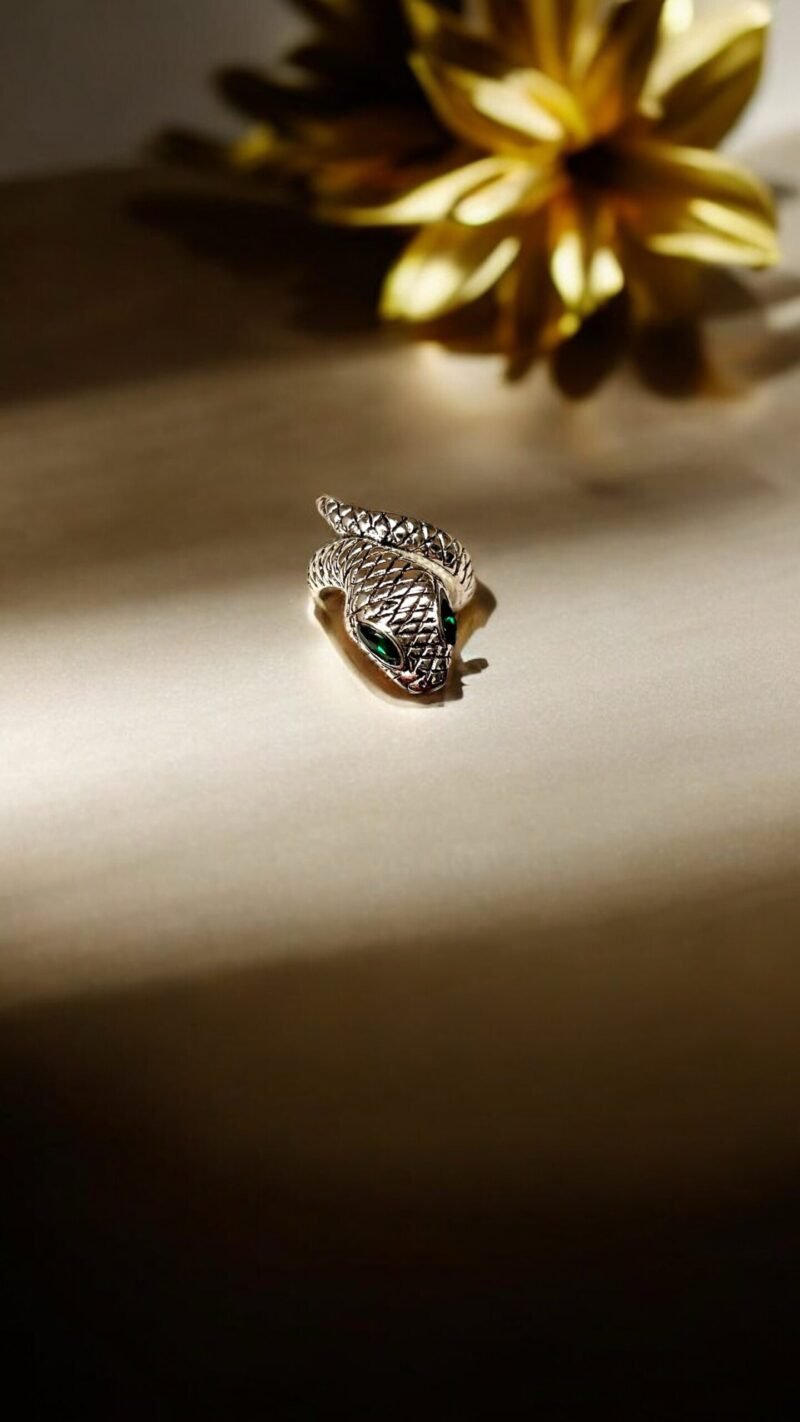 Snake oxidised Silver tone Ring with green stone